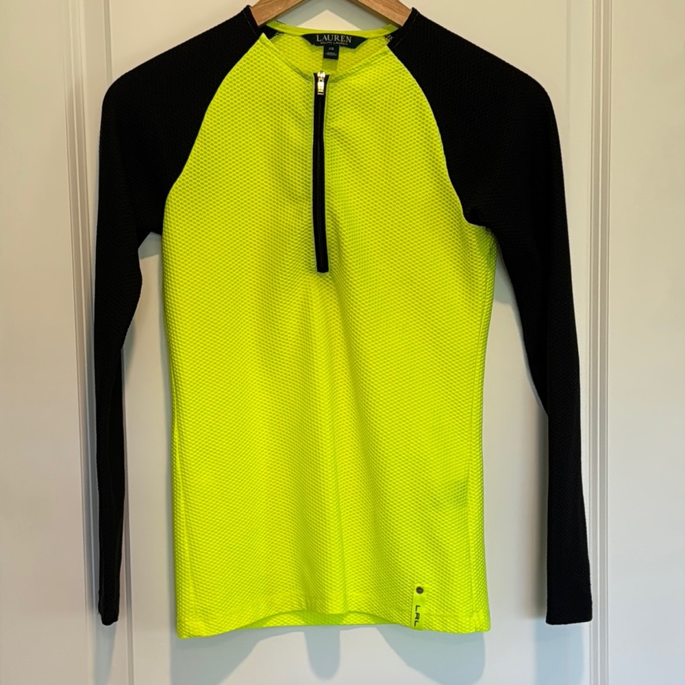 Ralph Lauren Black & Neon Yellow green Long Sleeve top. 1/4 zip. Size XS